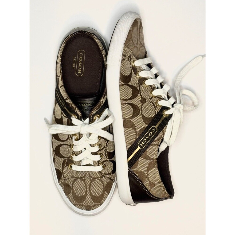 Coach Women's Lesley Khaki Signature Canvas Lace-Up Sneakers Shoes 8.5 MINT